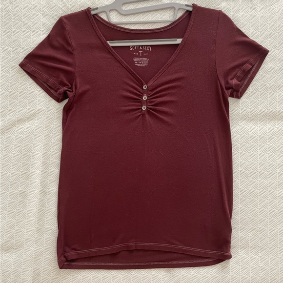 AEO Soft and Sexy Tee Maroon Short Sleeve Cinched XS - Picture 1 of 5